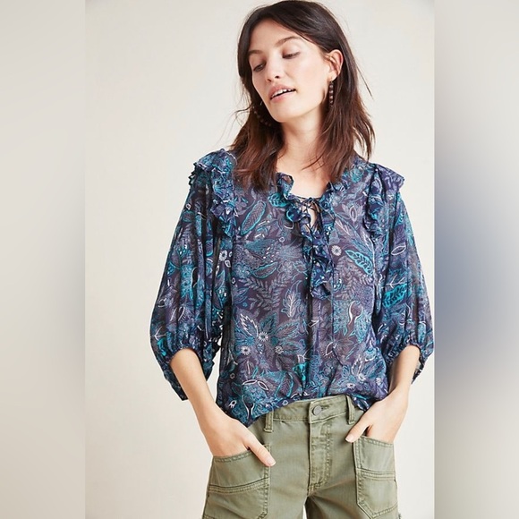 Anthropologie Tops - Anthropologie paisley bohemian blouse top size medium floral sheer flowy